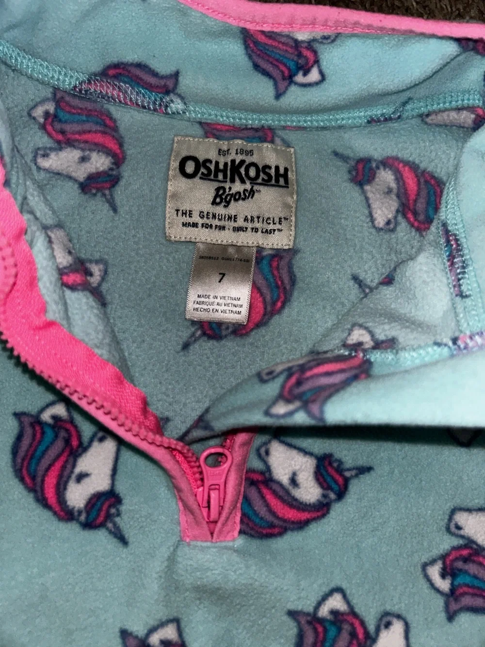 OshKosh B'gosh Mint Unicorn Fleece Pullover with Pink Trim